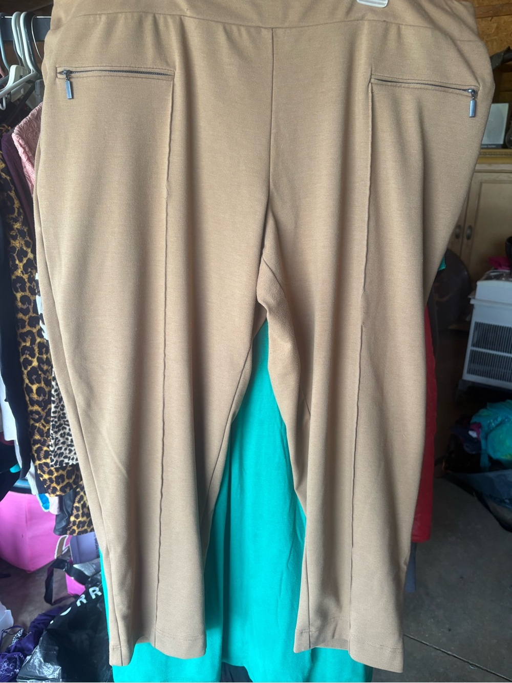 Faded Glory Tan Ponte Pull-On Trousers with Zip Back Pockets